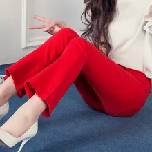 Высококачественные расклешенные джинсы для женщин с кисточками и высокой талией, весенние эластичные расклешенные d брюки с бахромой по краям, красные, черные брюки, длинные брюки до щиколотки