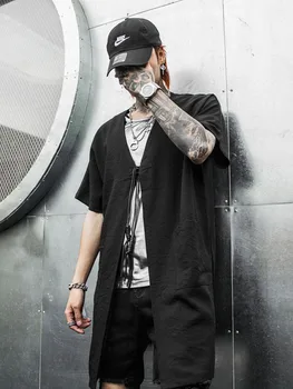 

Men Summer Short Sleeve Casual Shirt Jacket Male Streetwear Fashion Hip Hop Punk Gothic Dark Black Shirt Cardigan Coat