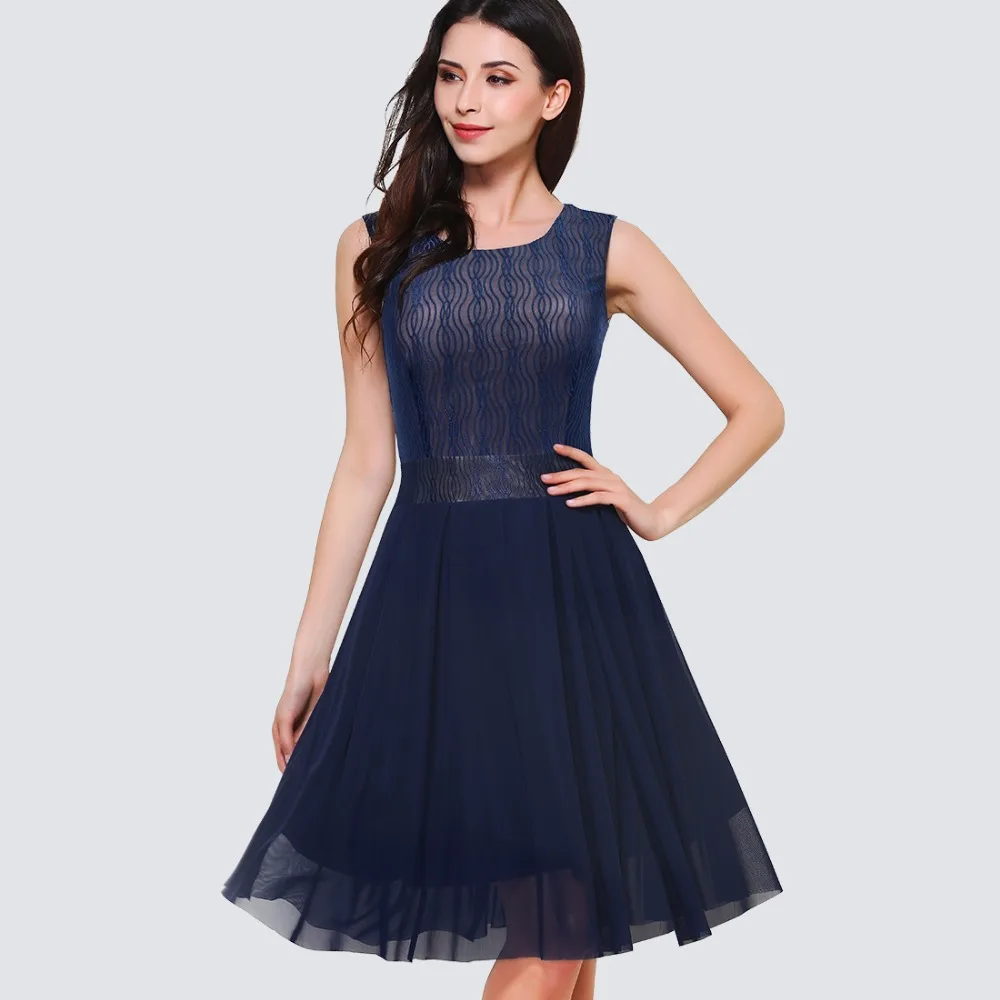 

New Fashion Summer Style Women O-Neck Sleeveless Pinup Swing A-line Dress Elegant Mesh Party Ball Gown Dress HA031