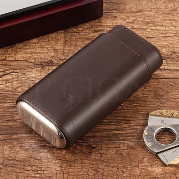 

COHIBA Leather Cigar Case Humidor Mini Portable Cedar Wood Cigar Humidors Travel Outdoor Luxury Box For 3 Ciagrs Accessories