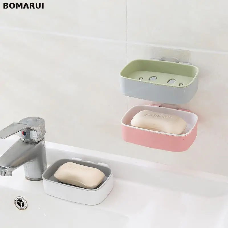 

Smiley wall mounted self adhesive soap box soap sponge dish without drilling storage box double bathroom soaps rack