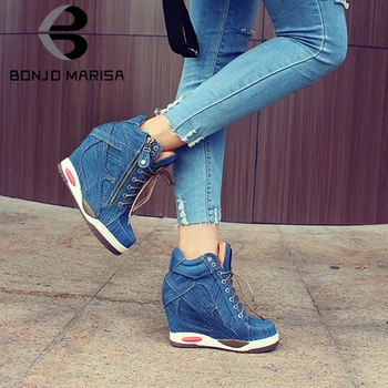 

BONJOMARISA New Autumn Elegant Height Increasing Denim Booties Women 2020 Fashion lace-up High Heels Shoes Woman