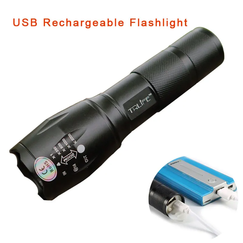 

USB E17 8000LM 3-Mode T6/L2 LED Flashlight Waterproof Lighting Zoomable Focus Torch W/ Rechargeable Li-Po Battery
