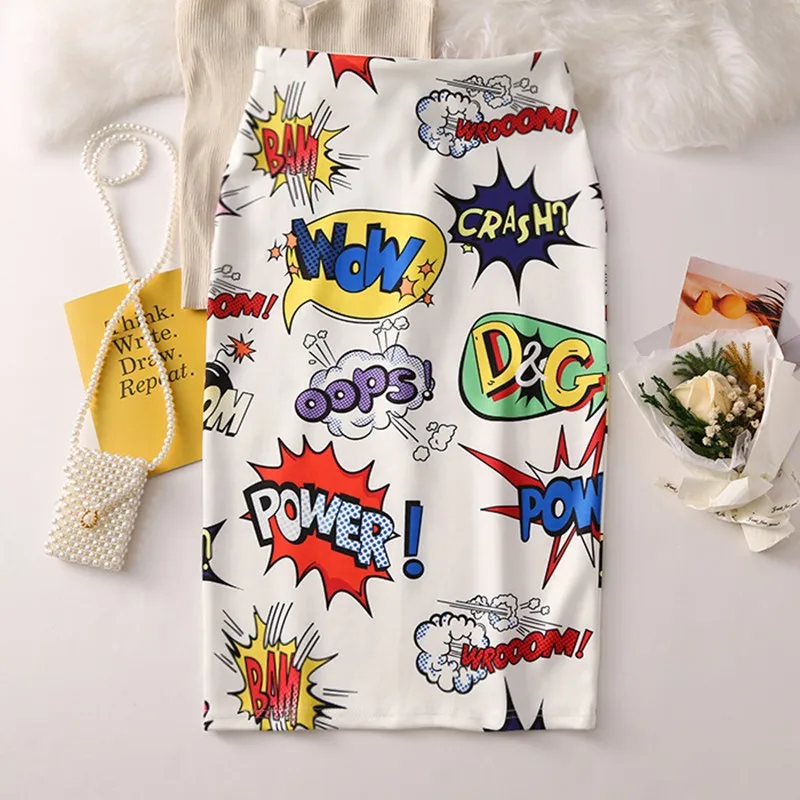

DeRuiLaDy Korean Style Women High Waist Sexy Package Hip Skirt Summer Cartoon Graffiti Print Slim Fit Streetwear Casual Skirts