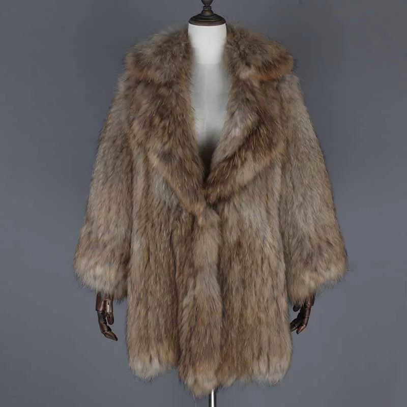 100 Genuine Raccoon Fur Coat, Real Raccoon Fur Knitted Overcoat Natural Fur Coat Turn Down