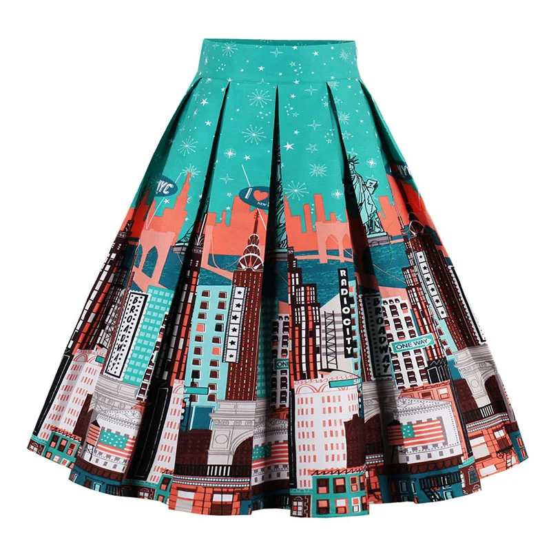 Kostlish Retro Print Flower Summer Skirts Womens 2017 High Waist Vintage Skirt Elegant A-Line Midi Women Skirt Plus Size XXL (19)