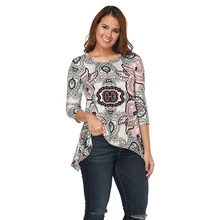 Женская футболка Топы Весна Осень Повседневная o-образным вырезом 3/4 рукав Foral Печать Повседневный Свободный пуловер длинный тройник плюс размер