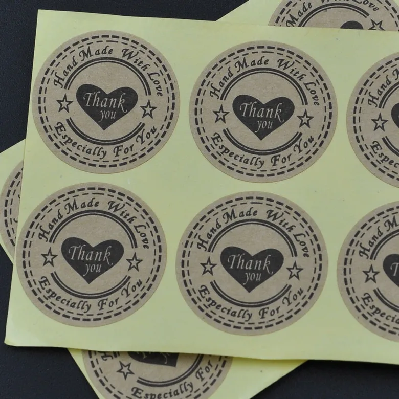 

New! Wholesale 100pcs/lot Round 30mm Kraft Seal Sticker, 'Handmade with Love' Sticker, Thank you Hand made Kraft Paper Material