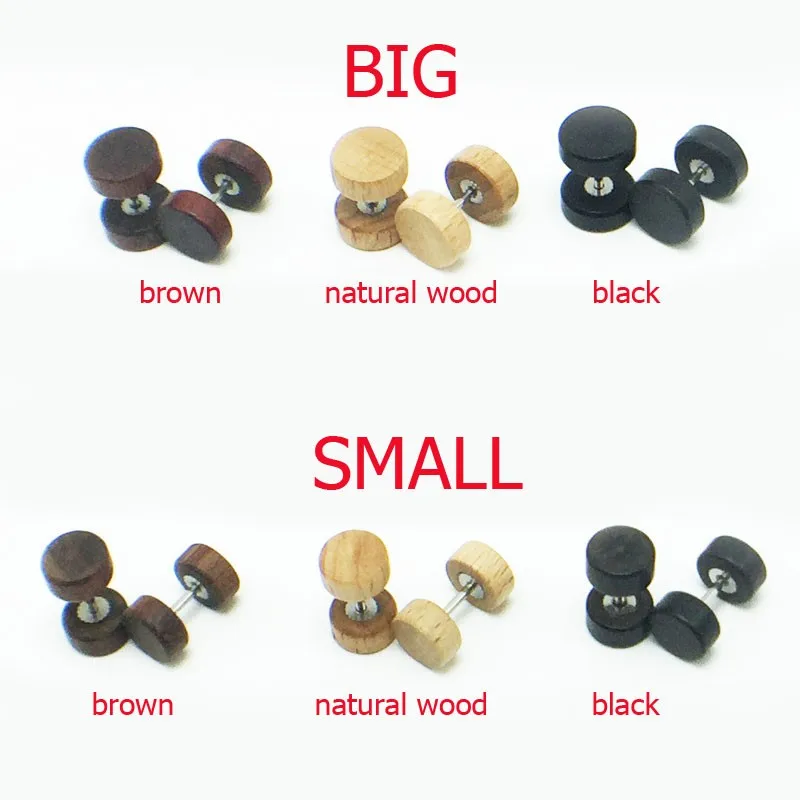 1 pair free shipping men's earrings ear studs earings natural wood black brown stainlee steel bar anti-allergic pendientes new2