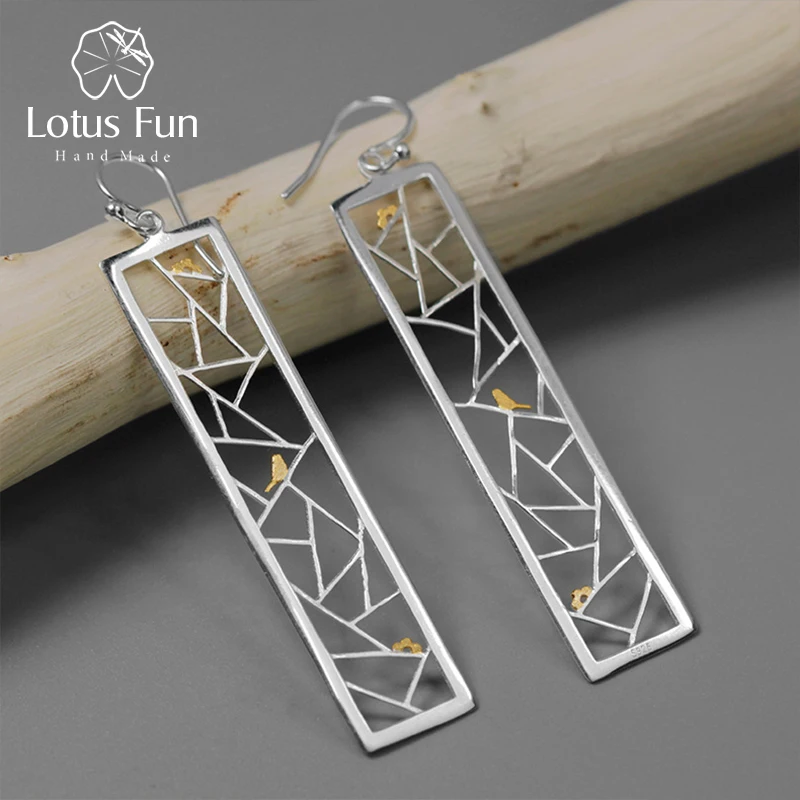 Lotus Fun Real 925 Sterling Silver Handmade Fine Jewelry Oriental Element Window Decoration Paper-cut Design Dangle Earrings