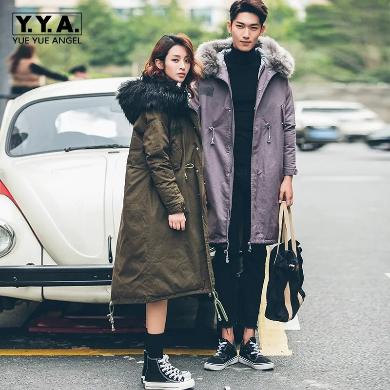 

2017 Fashion Mens Cotton Thicken Overcoat Oversize Female Long Coat Warm Fur Collar Hooded Jacket Winter Loose Fit Lovers Parka
