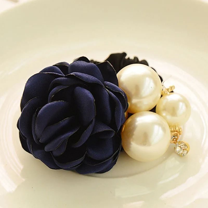 Модные женские ленты атласный цветок розы три жемчужный обруч хвост держатель волос - Цвет: Navy