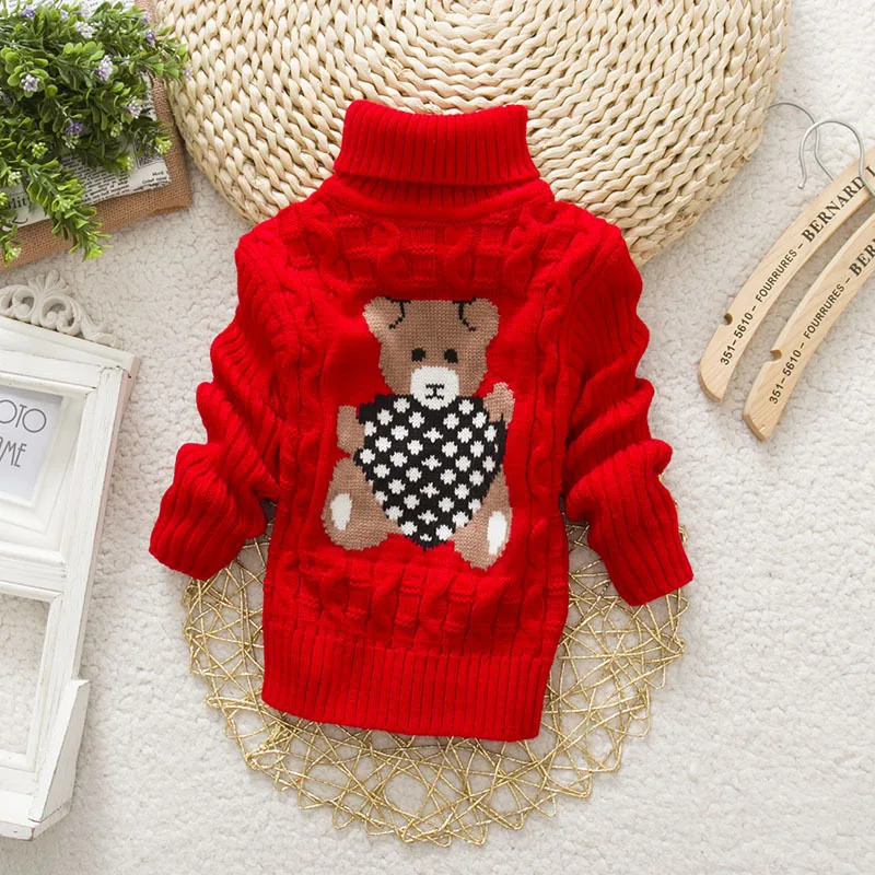 BOTEZAI New Baby Girls Autumn Winter Sweaters Cartoon jumper Knitted Pullover Turtleneck Warm Outerwear Kids knit Sweater