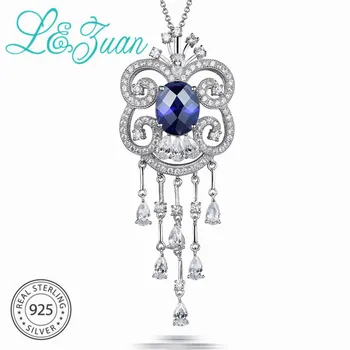 

L&zuan S925 Sterling Silver 3.8ct Sapphire Pendant Blue Gemstone Necklaces Silver Chain For Woman Wedding Jewelry Luxury Gift