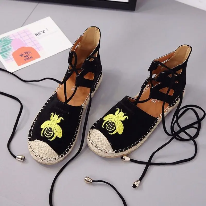 

Women espadrilles Embroidery Little bee Flats Spring and Fall ankle strappy sandals Designer Women Casual loafers shoes 2019 New