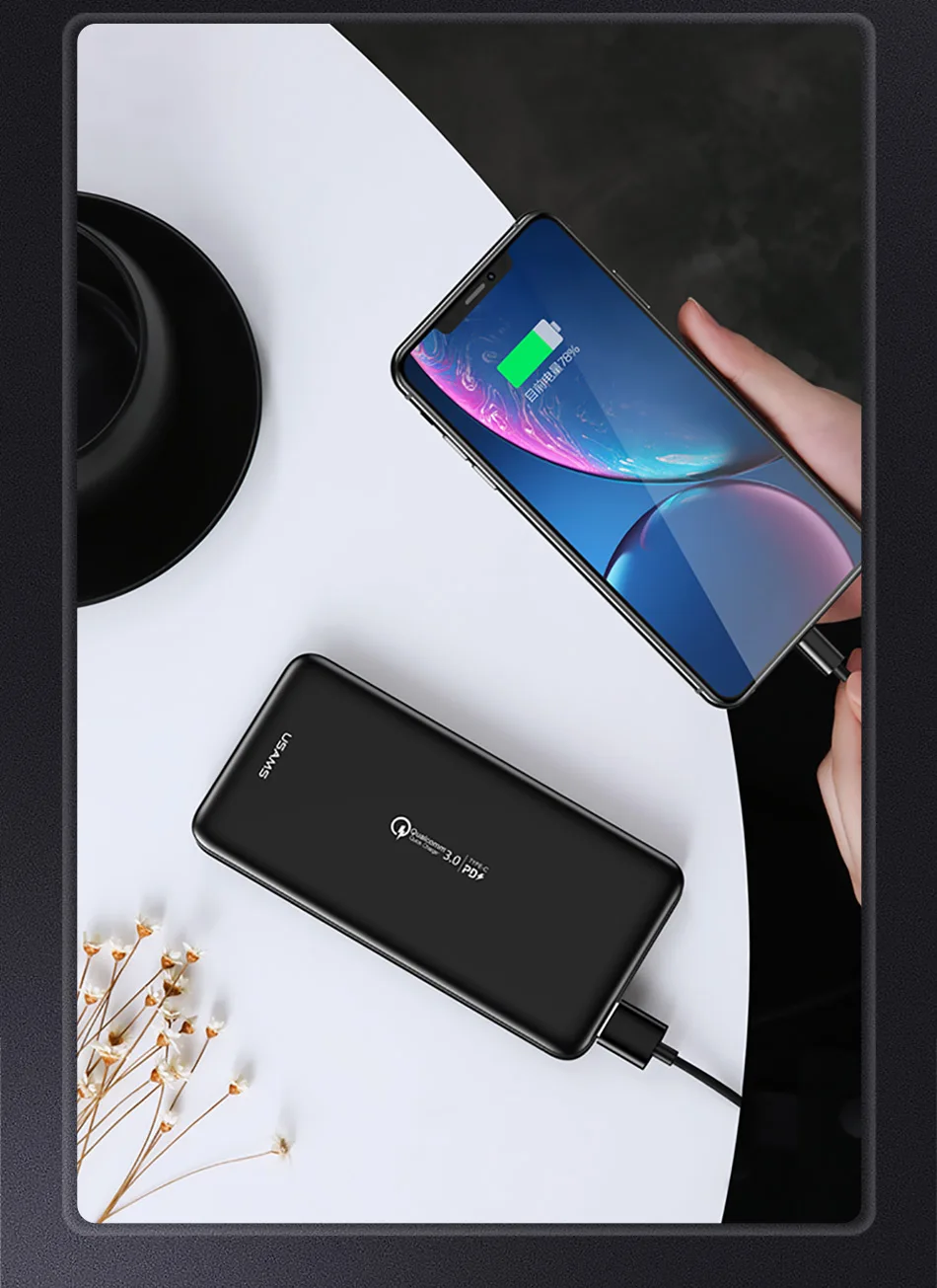 USAMS 10000 мАч power Bank usb type C PD3.0 QC3.0 3A Быстрая зарядка внешний аккумулятор зарядное устройство для iPhone samsung Xiaomi