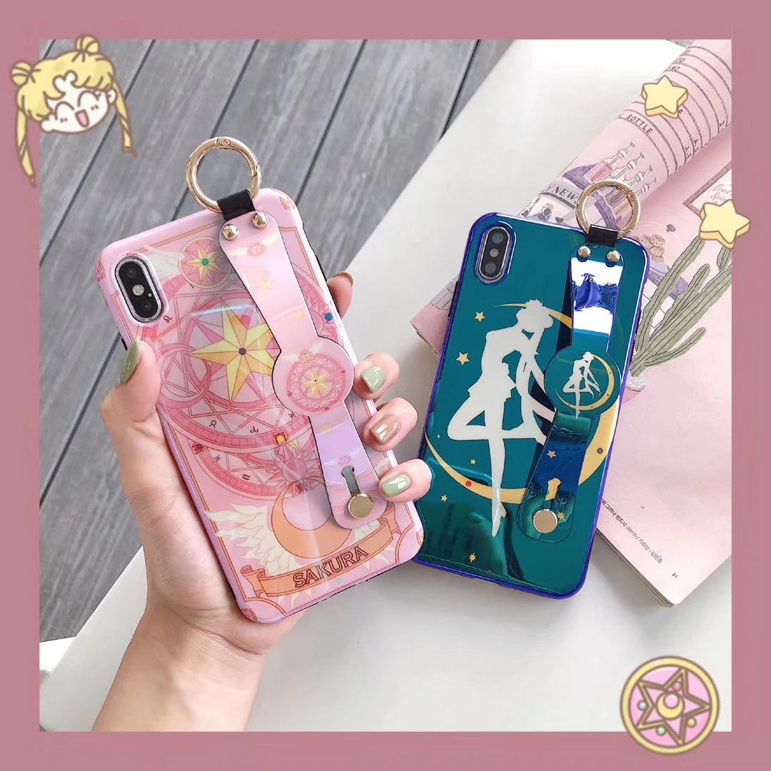 

Glossy Blue Ray Sailor Moon Cover for Iphone Xs Max Case Wrist Strap Cute Cartoon Coque for Iphone X Xr 6 6s 7 8 Plus Case Funda