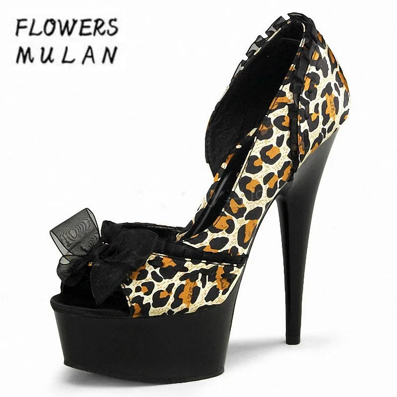 

15cm Super High Women Pumps Shoes Peep Toe Slip On High Heels Shoes Platform Leopard Lace Bowtie Upper Sexy Lady Party Shoes
