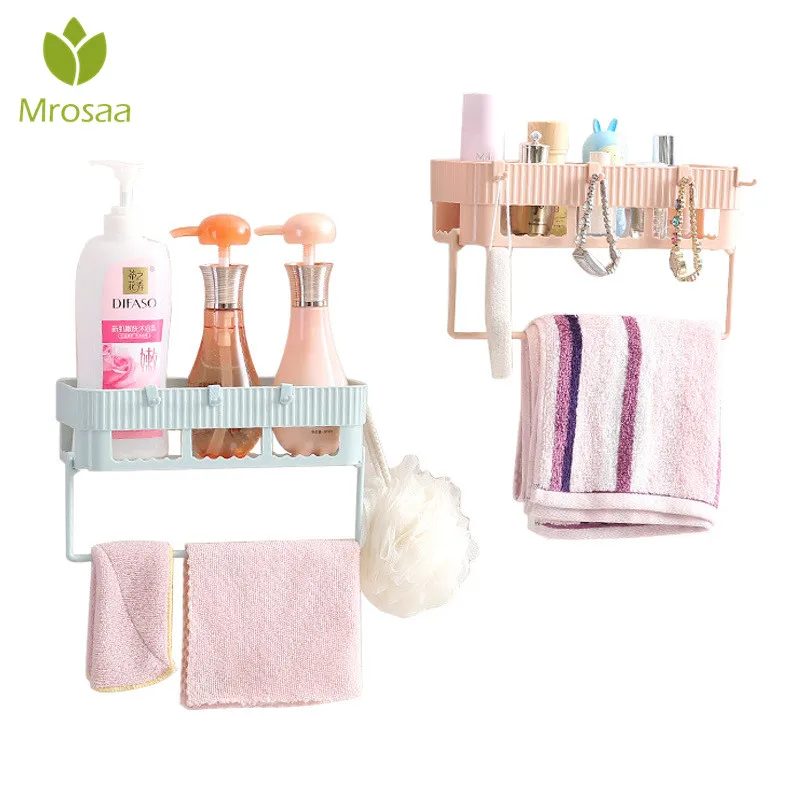 

Mrosaa 2 in 1 Bathroom Shelves Traceless Sucker Wall Mounted Shower Organizer Lotion Shampoo Storage Holder Hanging Towel Rack