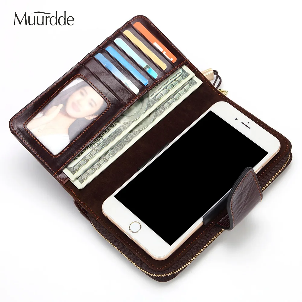 

Muurdde Zipper Vintage Phone Wallet Men Genuine Cowhide Leather Coin Purse Card Holder Clutch Male Wallets for Credit Clutch bag