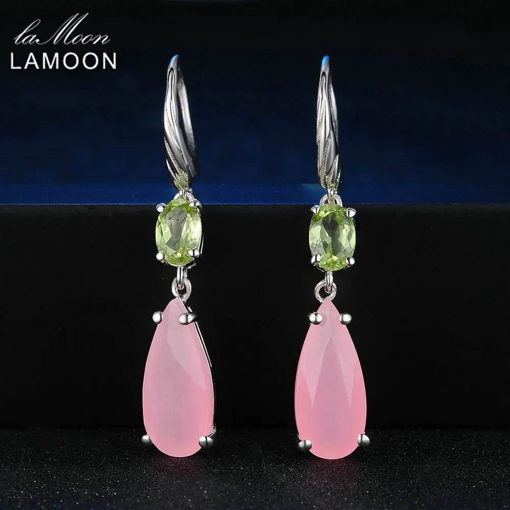 

LAMOON Drop Earrings Natural TearDrop Pinks Rose Quartz 925 Sterling Silver Jewelry Women Fine Jewelry Romantic Long Earrings