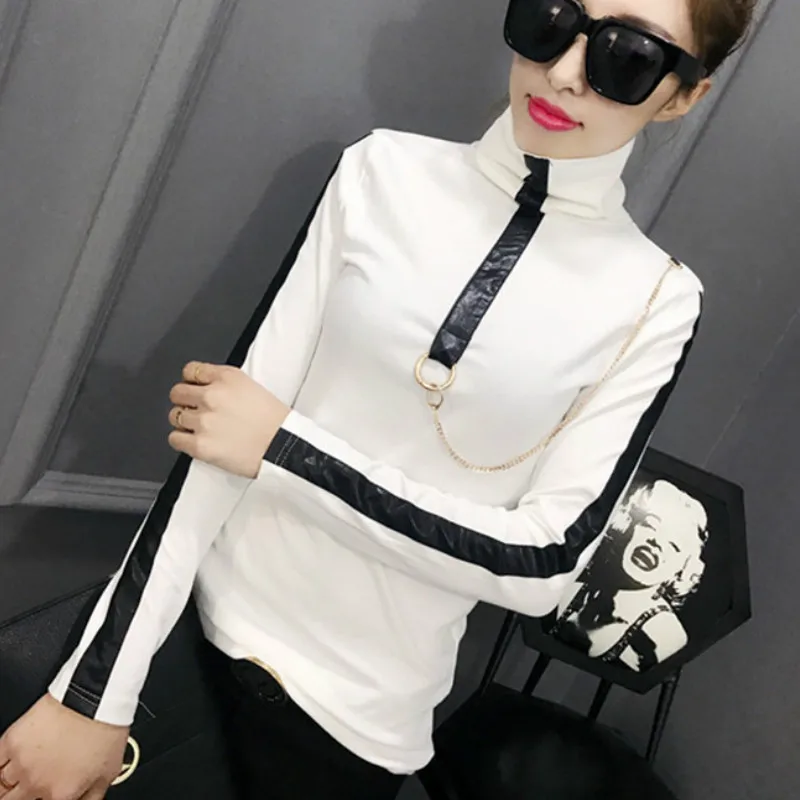 

2019 Winter Long Sleeve Turtleneck PU Leather Patchwork Cotton T-shirts Women European Chain Cotton Pullovers Chain Cotton Tops