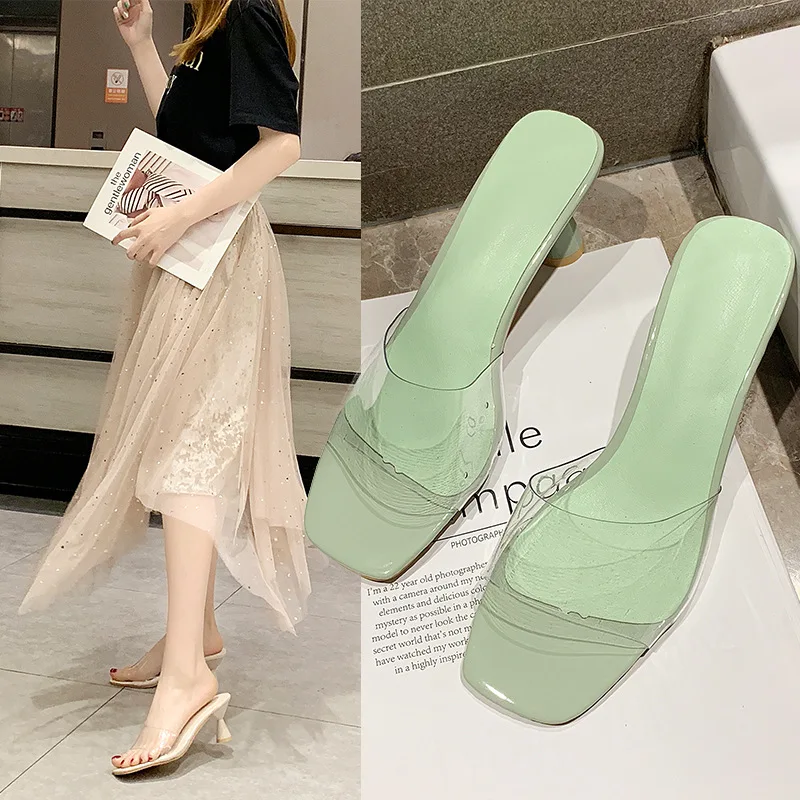 

MXHY Transparent slippers for women 2019 summer new thick-heeled, open-toed line fashion wear small fresh high-heeled slippers
