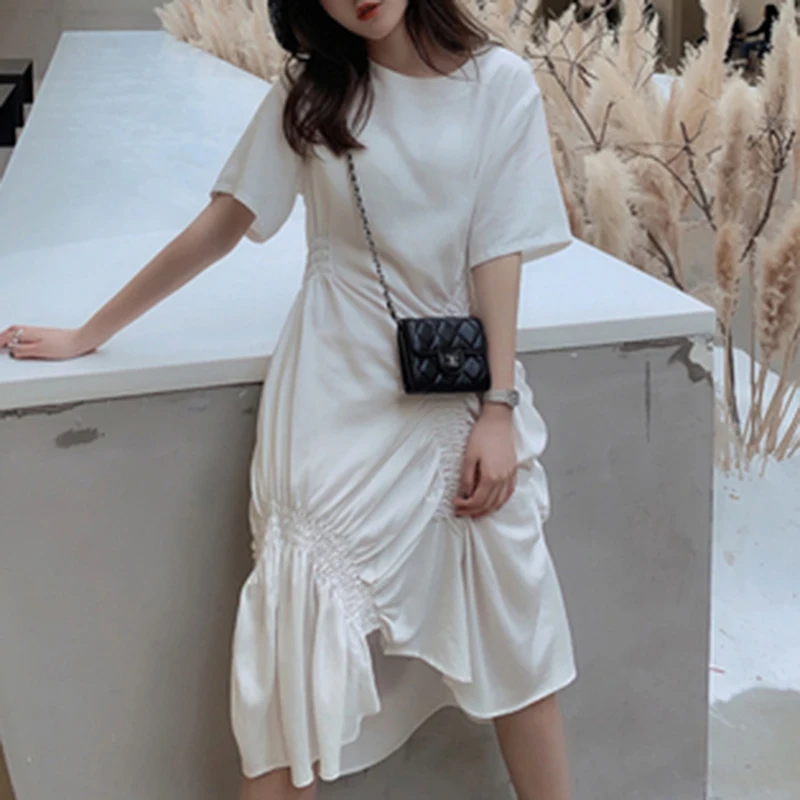 

Spring and Summer 2019 New Elegant Women Dress Fold Design Irregular Dress Cotton Cusual Asymmetrical Short Draped Dress