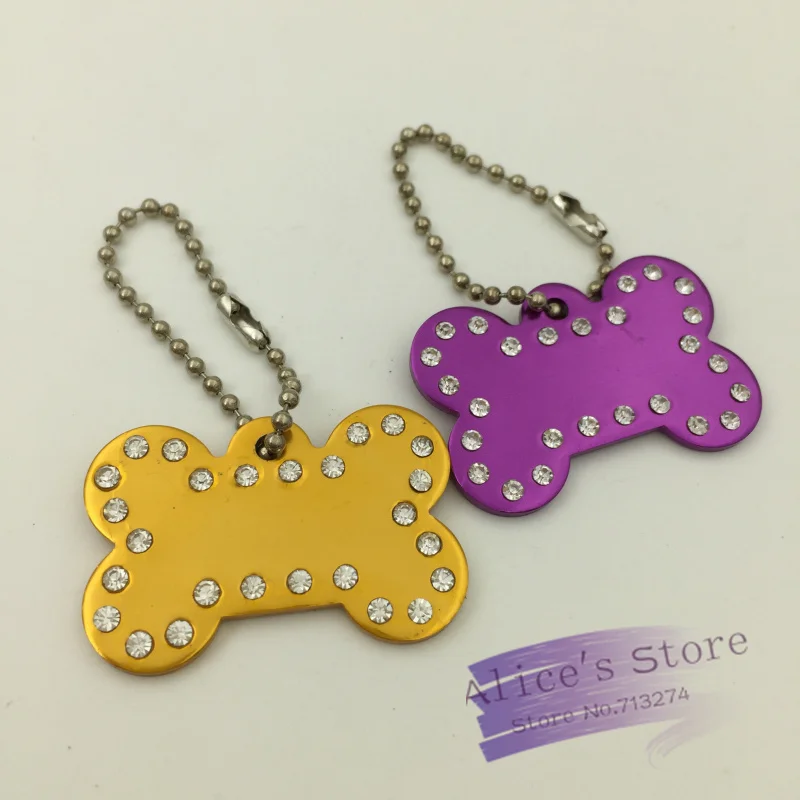 

rhinestone Pet ID Tags - Bone Shape Dog Tag aluminium alloy Dog and Cat ID Tags Ball Chains Keychain 40mm 3pcs/lot