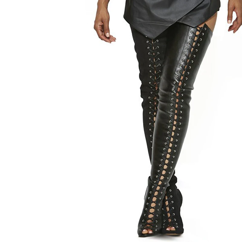 Lace Up New Fashion Women Open Toe Black Leather Over Knee Gladiator Boots Sexy Slim Style Cut