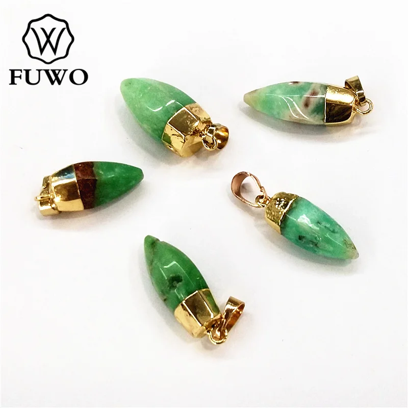 FUWO Chrysoprase Point Pendant With 24K Gold Electroplate Tiny Crystal Quartz Charm For Jewelry Making PD093 | Украшения и