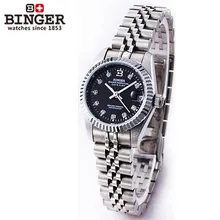 Fashion Brand Binger Steel Band Women Men Skeleton Automatic Mechanical Watch Dress CZ Diamond Black Dial