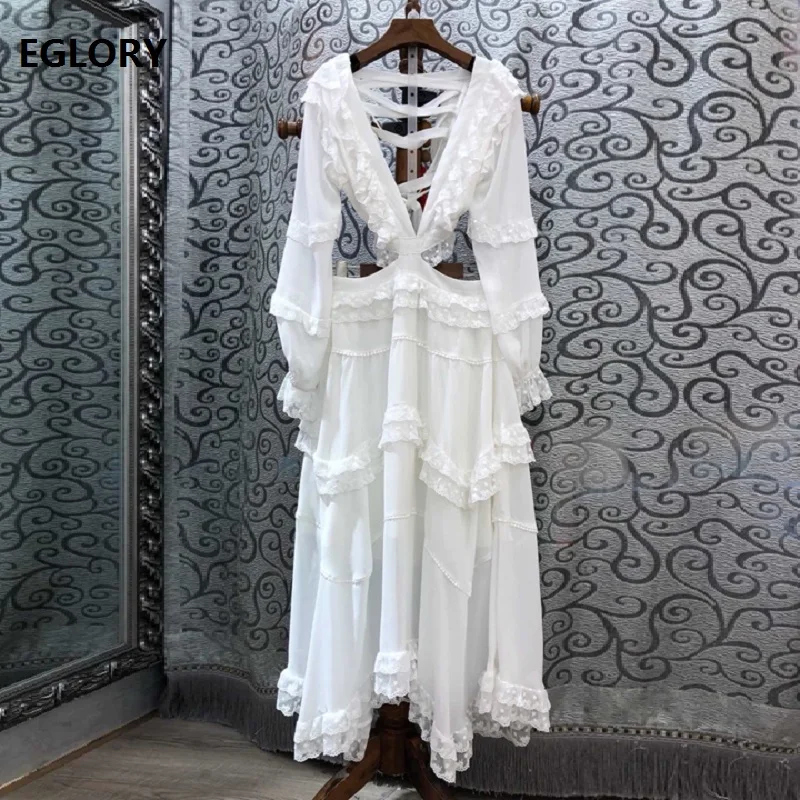 

Sexy & Club Dress 2019 Summer Style Women Deep V-Neck Ruffle Lace Patchwork Long Sleeve Big Swing White Dress Boho Beach WearR