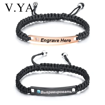 

V.YA Fashion Couple Simple Bracelet Black Braided Adjustable Bracelet Stainless Steel Zircon Engraved Bangle For Lover