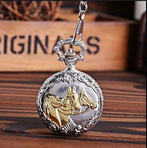 

Vintage Silver gold three little horse pattern Fashion quartz men gift good quality Flip clock cowboy chain pocket watches