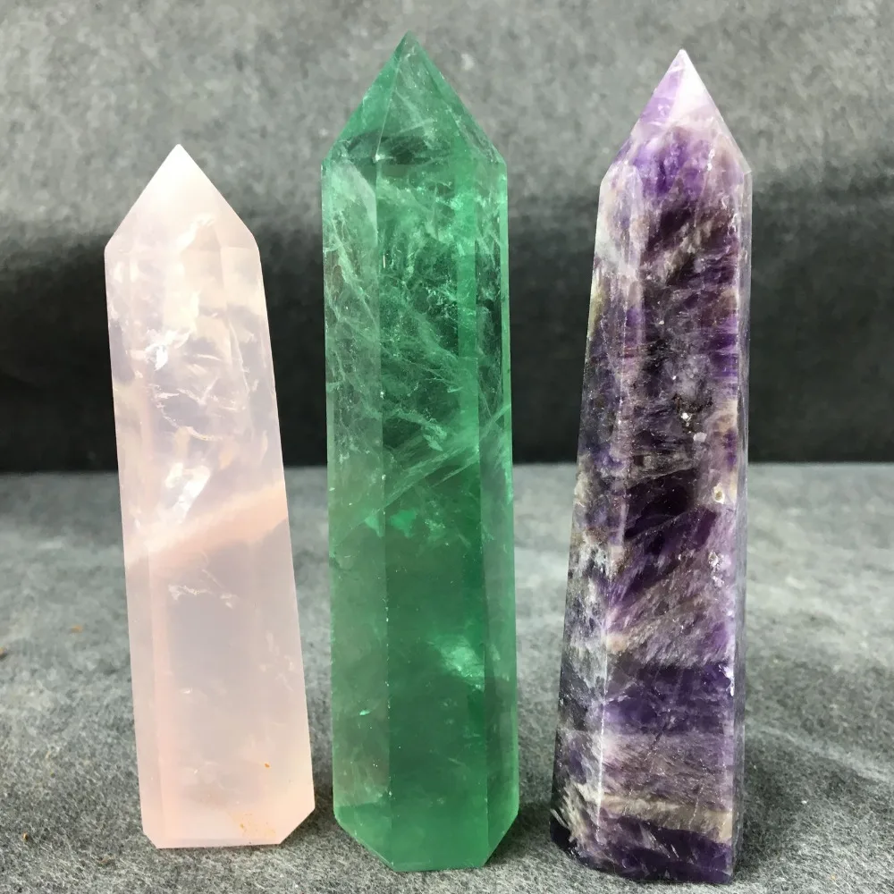 

3pcs Natural rose quartz Green fluorite dream amethyst point healing crystal wand obelisk stone