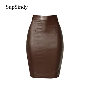 

SupSindy fashion women Skirt Punk high waist PU Faux leather wild slim Split pencil skirts knee length Female casual Midi Skirts
