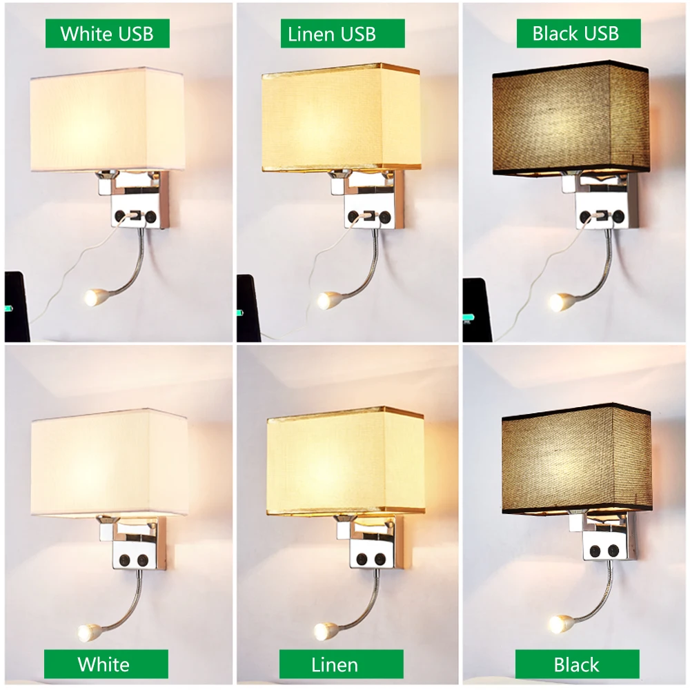 led wall lights Sconce in the bedroom interior Wall Sconces With Switch E27 Bulb USB Mordern Black Indoor Bedside Lamp Headboard-2