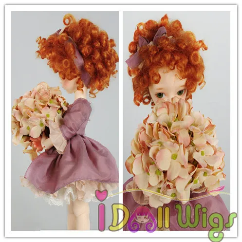 

High quality synthetic short orange red deep curly 1/3 1/4 1/6 bjd doll wig