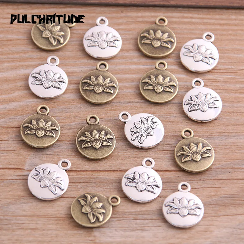 

PULCHRITUDE 16pcs 13*16mm Metal Alloy Two Color Round Lotus Charms Plant Pendants For Jewelry Making DIY Handmade Craft 11A1721