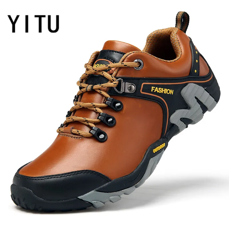 

YITU Outdoor Sneakers Men's Leather Hiking Shoes Breathable Mountain Trekking Shoes Non-slip Sports Sneakers Tourism Big Size