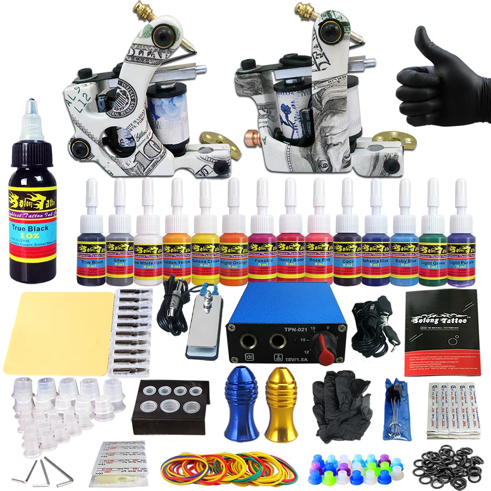

Solong Tattoo Complete Tattoo Kits 2 Machine Gun Beginner Tattoo Set 14 Inks Needle Grips Foot Petal Power Supply TK203-17