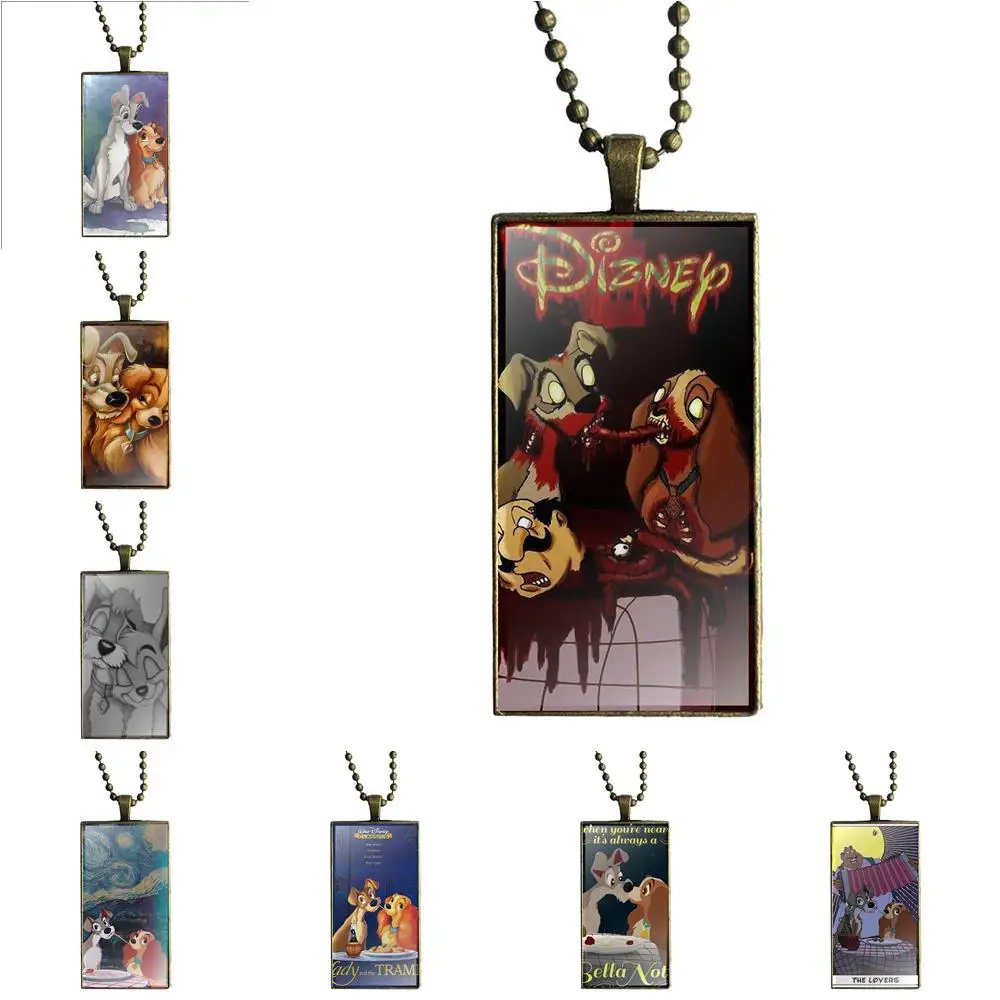 

EJ Glaze For Unisex Party Gift Lady And The Tramp Lovers Glass Pendant Necklace Handmade Half Pendant Rectangle Necklace