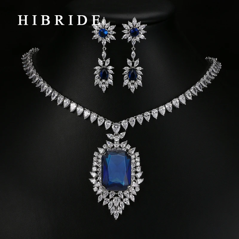 HIBRIDE Luxury White Gold-Color Dark Blue AAA Cubic Zirconia Fashion Women Jewelry Sets N-58