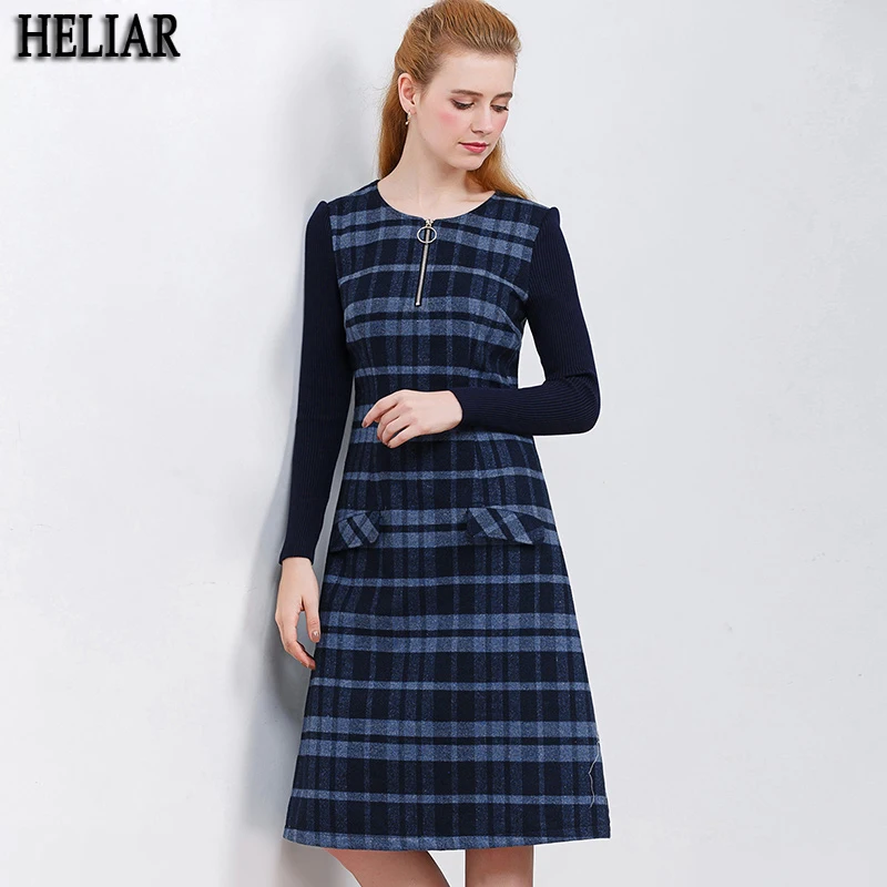 

HELIAR Ladies Winter Knitted Sleeve Dress for Women Woolen A-line Stripe Dress Mosaic Zipper Elegant Casual Female 2019
