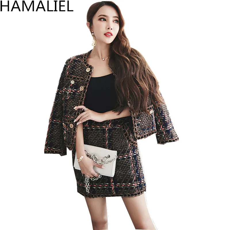 

HAMALIEL Runway Winter Women 2 Piece Set New 2018 Plaid Tweed Wool Blends Single Breasted Jacket Coat + Mini Pocket Skirt Set