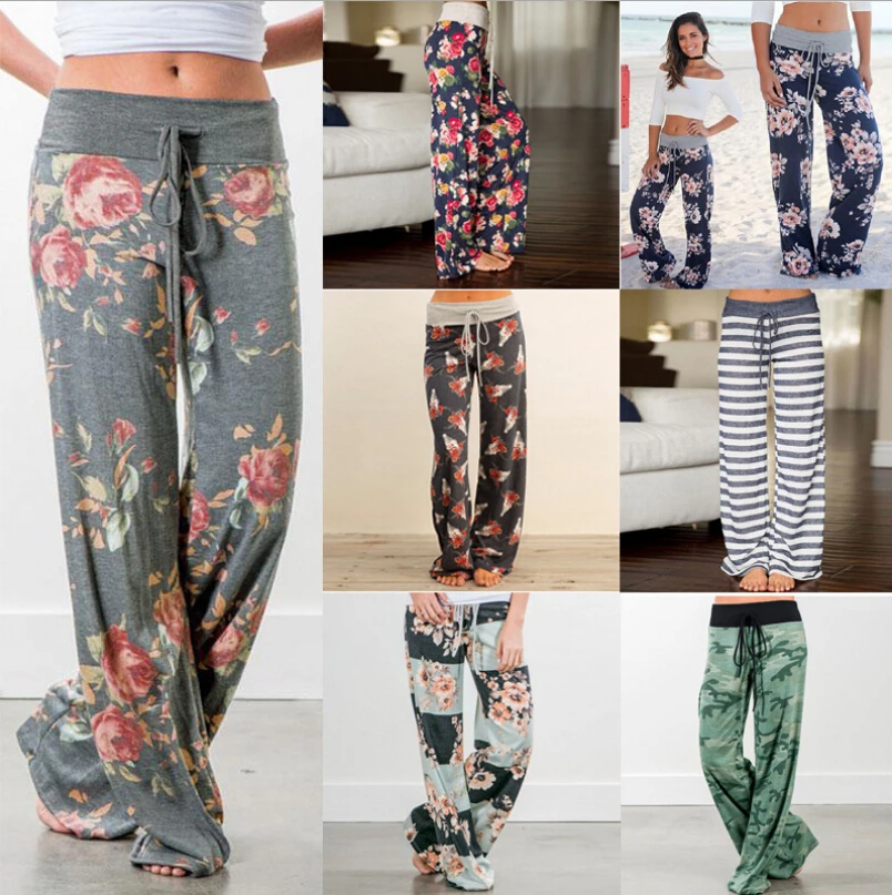 Femmes Boho Pantalon цветочные повседневные свободные винтажные большие Панталоны брюки-Палаццо женские цветочные брюки Капри