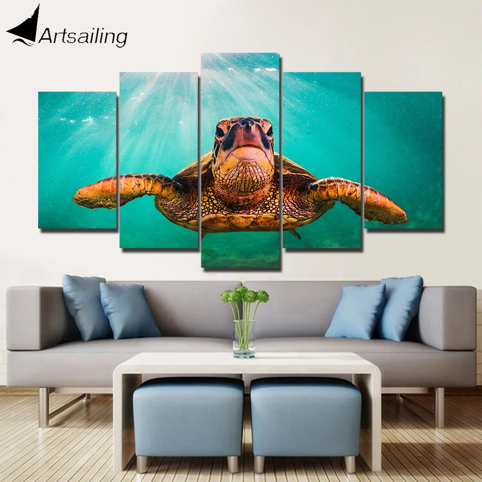 ArtSailing 5 panel wall art on canvas sea turtle in the sunshine modern