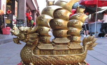 

10" Chinese FengShui Copper Brass Sailing Vessel Wealth Dragon Boat Ship Statue