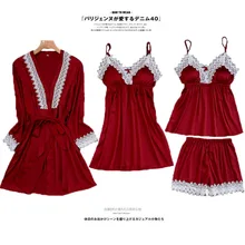 Черные женские 4 шт. ремень Топ и штаны костюм пижама комплекты одежды для сна весенние домашние ночная рубашка соблазнительное кимоно халат M-XL